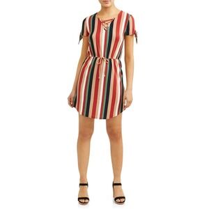 No Boundaries Juniors Lace Up Dress‎ XL 15-17 Crochet Back Stripes Retro Fun